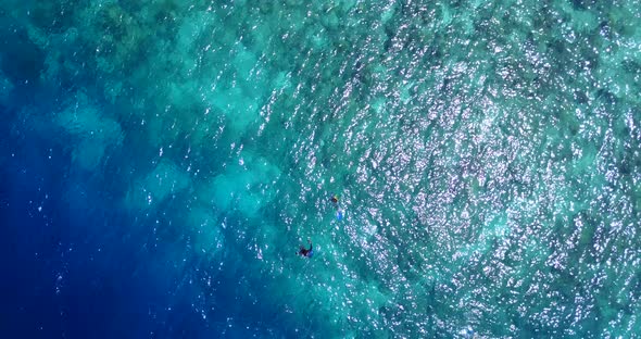 Natural aerial copy space shot of a white sandy paradise beach and blue ocean background in high res