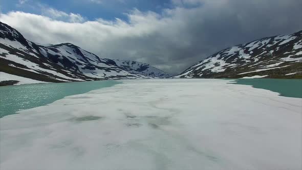 Flying above frozen lake