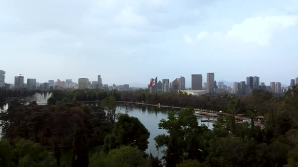 Aerial view of the great lake in Chapultepec park, Mexico City. View of the capital of Mexico, Bosqu