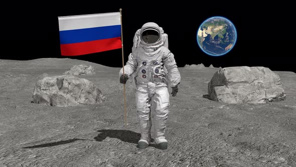 Astronaut Walking on the Moon with Russian Flag