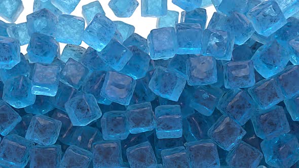 Pieces of crushed cubes isolated ice on a blue background fall down