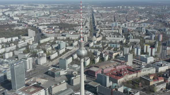 AERIAL: Wide View of Empty Berlin, Germany Alexanderplatz TV Tower with Almost No People or Cars on