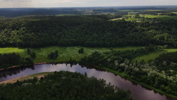 Amazing Aerial View of the Gauja River and the Dense Woods Around It Latvia