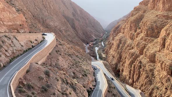 View of Mountain Dangerous Serpentine Road Driving in Canyon in Morocco