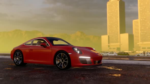 Red Sports Car on Street in Rainy Weather