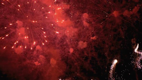 Fireworks Flashing in the Night Sky. Slow Motion. Real Fireworks with Smoke