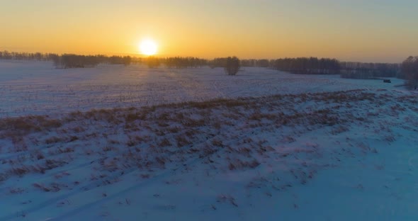 Aerial Drone View of Cold Winter Landscape with Arctic Field, Trees Covered with Frost Snow