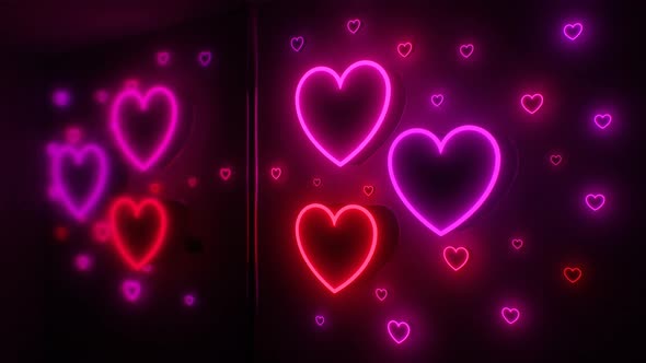 Abstract Neon Heart Love Shapes Flashing Glow Light Illuminated Room - 4K