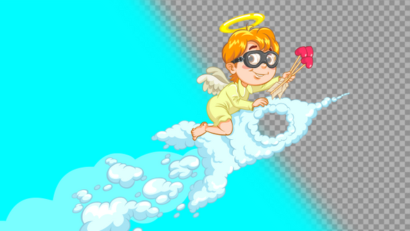 Cupid riding a rocket through the sky