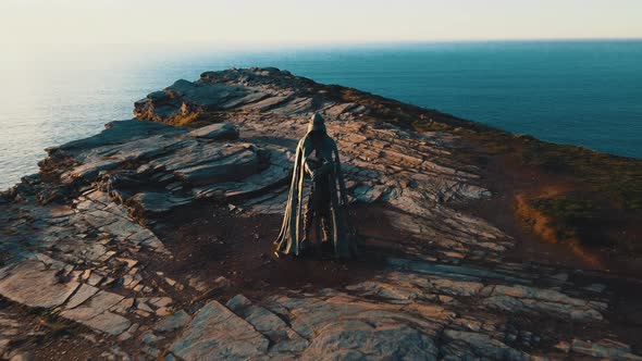 Aerial view zoom out Monument to King Arthur in Britain Spherical video .