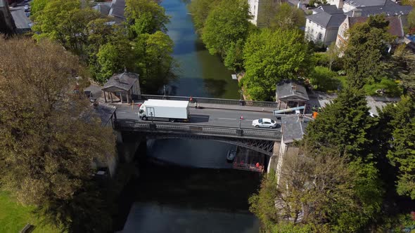 Panoramic aerial of a early 19th century toll bridge in the city of Bath, UK