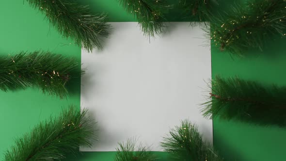 Blank white card with copy space framed with fir tree branches on green background