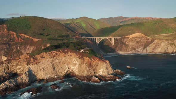 Nature Travel USA. Panoramic View Over the Rocky Ocean Coast at Sunset.  Drone