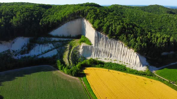 Flying over rural Japan and fields of crops on a sunny day.