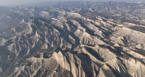 Aerial view of beautiful textures and hills in Vashlovani national park. Gorgeous place in Georgia.