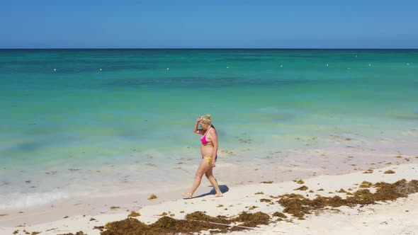 Aerial View From Drone on Caribbean Sea Beach with Woman Walking Along Shore