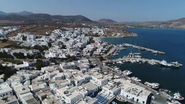 Town of Naoussa on the island of Paros in the Cyclades in Greece seen from th