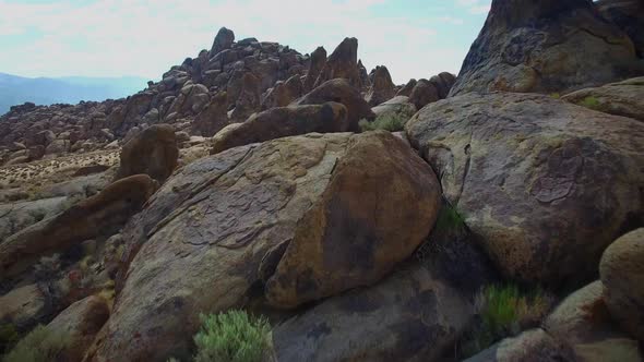 Flying over rock formations of Alabama Hills California