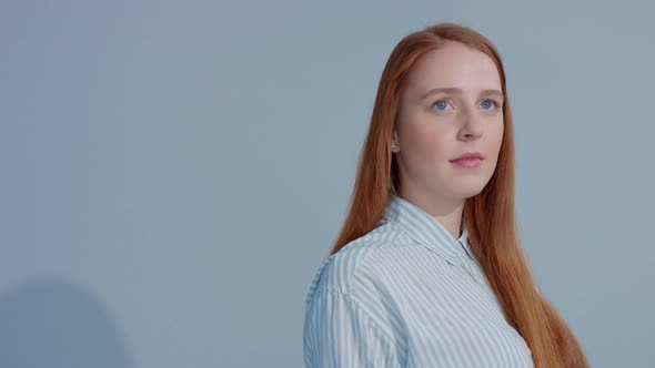 Gingerhead Red Hair, Ginger Hair Model with Blue Eyes on Blue Background