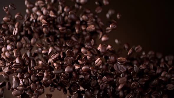 Super Slow Motion Shot of Exploding Premium Coffee Beans on Brown Gradient Background at 1000Fps