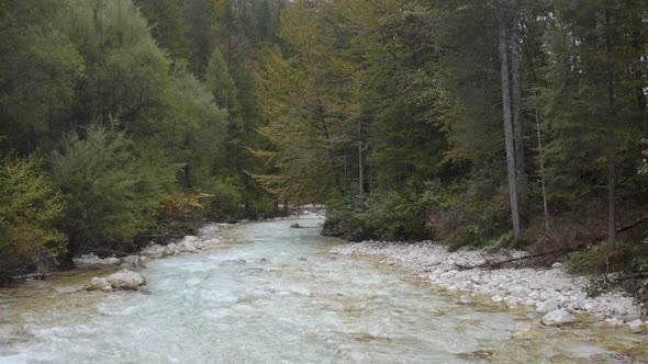 Aerial view of Fast Moving River surrounded by forest.