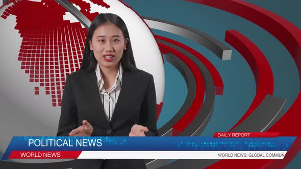 Live News Studio With Asian Professional Female Anchor Reporting On The Events Of The Day