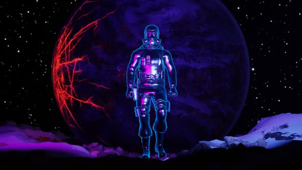 A neon astronaut walks the planet. Looped animation 02