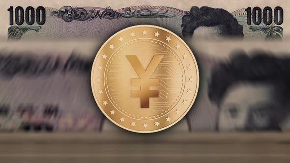 Japanese Yen golden coin over banknotes loop