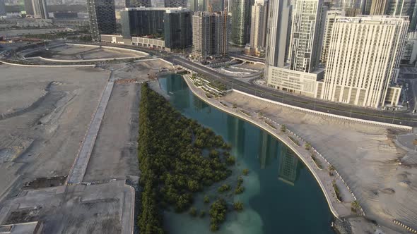 Aerial View on Developing Part of Al Reem Island in Abu Dhabi on a Cloudy Morning