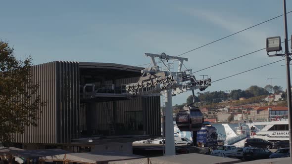 15 OCTOBER 2018 Porto Portugal Cable Car Over the Vila Nova in the District of Porto Timelapse Stop