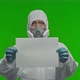 Male Doctor Virologist Scientist Man Wearing Protection Suit Respirator Glasses Gloves Holding Blank - VideoHive Item for Sale