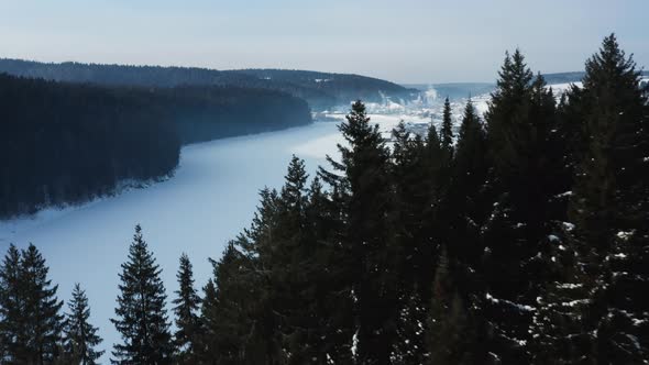 Flying Through the Trees to the Village in Winter