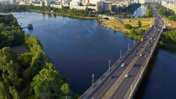 Aerial View of the Paton Bridge in Kyiv the Capital of Ukraine