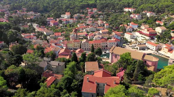 Aerial view above of Veli Losinj old town during the day, Croatia.