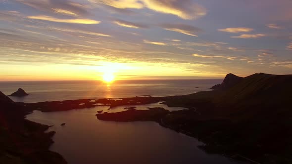 Aerial footage of midnight sun in Norway
