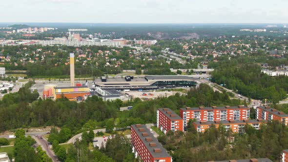 Apartment and industrial buildings of Stockholm suburbs of Solna, aerial drone view