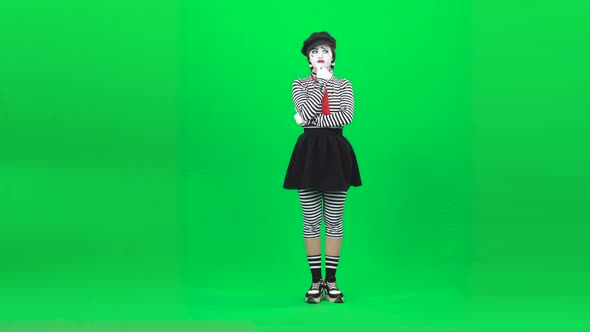 Mime Girl Looking Thoughtful, Got Idea. Chroma Key. Full Length.