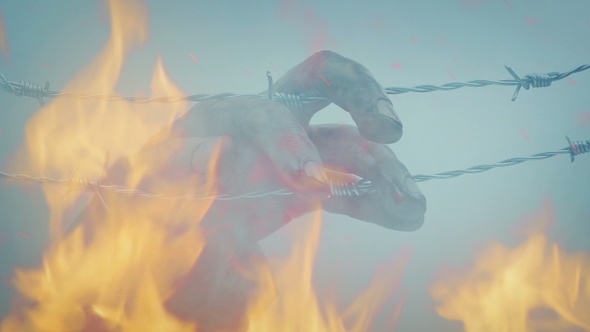 Soldier's Hand Caught On Barbed Wire In Smoke And Fire alt