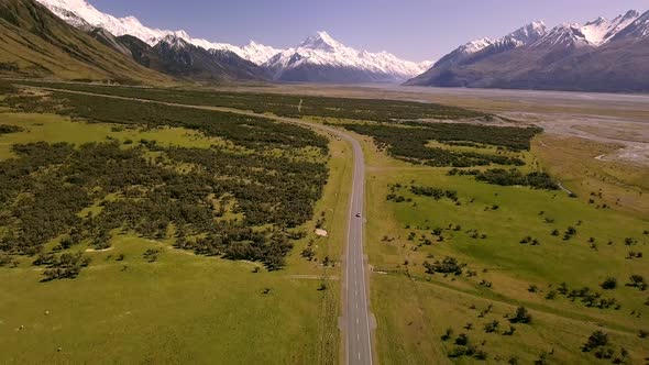 Aerial view of road to Mt Cook in New Zealand