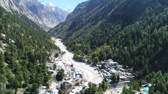 Gangotri village in the state of Uttarakhand in India seen from the sky