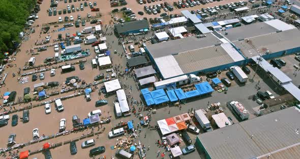 Roof top multiple colour flea markets of buyers and seller aerial view in Englishtown NJ USA
