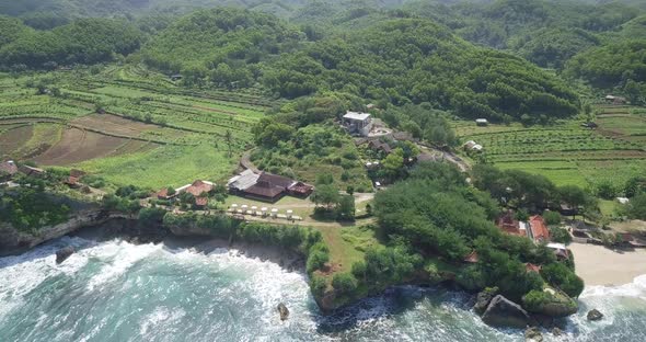 nglolang beach in Gunungkidul, Yogyakarta. beaches and cliffs overgrown with trees. drone shot of se