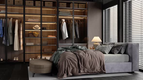 Side View Of Luxurious Bedroom With Messy Bed And Wardrobe