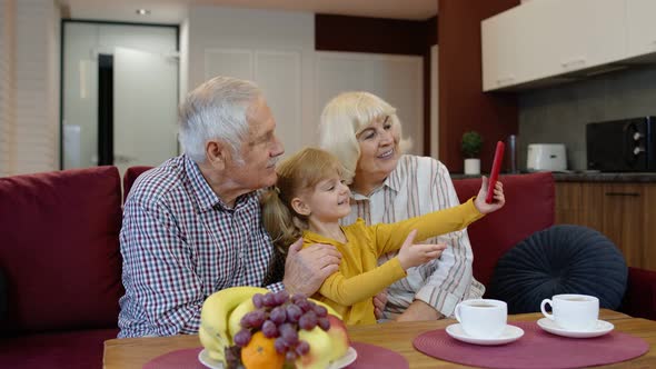 Senior Couple Grandparents with Child Granddaughter Making Selfie Photos Together on Mobile Phone