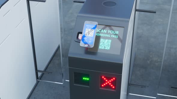 Self-service airport gates. E-Gates. Scan your boarding pass and get through. 4k