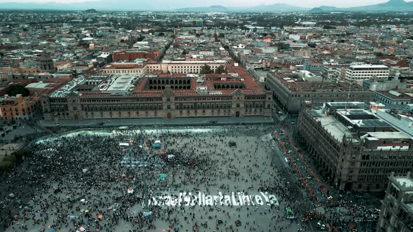 Drone view of Mexico city Zocalo on womans day march