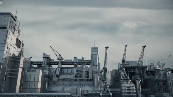 Industrial Area With Cranes.