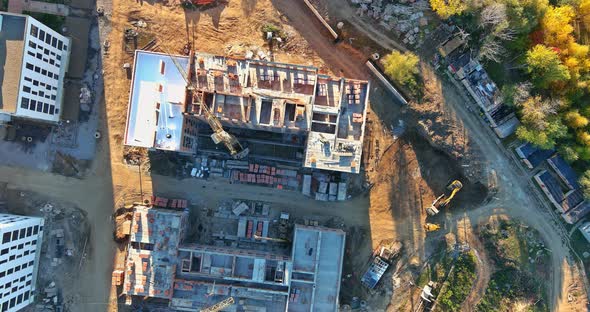 Panoramic Top View at a Building Site During the Construction of Blocks of Flats with Several