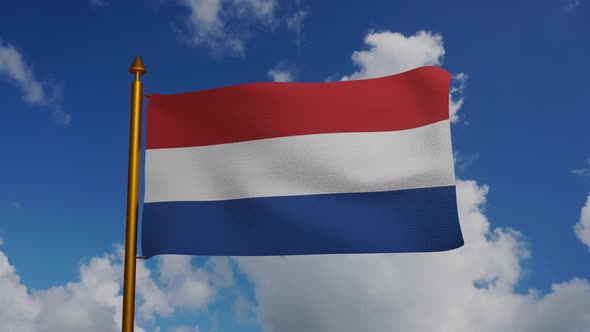 National Flag of the Netherlands waving with flagpole and blue sky timelapse