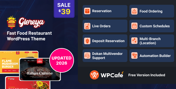 Gloreya - Food Ordering & Delivery Restaurant WordPress Theme